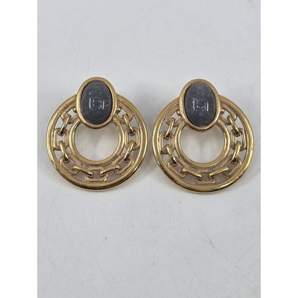 The Unbranded Brand Jewelry - Vintage Gold Tone Door Knocker Earrings Gray Faux Stone Cabochon Greek Key Studs